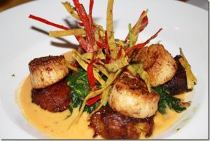 Chili Dusted Scallops with Carrot Vanilla Ginger Sauce