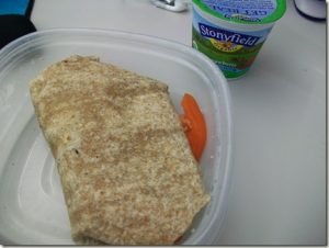 Whole Wheat Tortilla Wrap with Avocado, Lettuce, Tomato and Gorgonzola.and Stonyfield Farms Yogurt