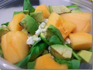 Spinach Salad-Cantaloupe Melon, Corn, Avocado and Gorgonzola Cheese